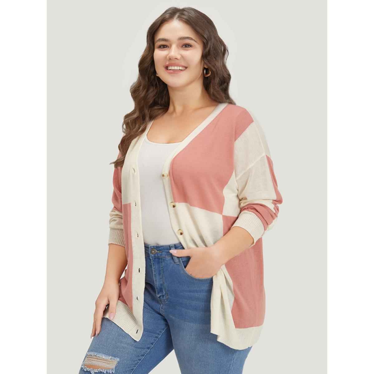 Plus Size Supersoft Essentials Colorblock Two Tone Button Up Cardigan Salmon Women Casual Loose Long Sleeve Everyday Cardigans BloomChic 18-20/2X Product Image