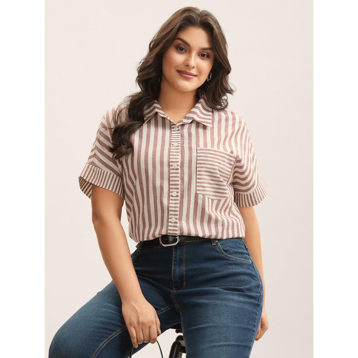 Plus Size Russet Cotton Striped Dolman Sleeve Blouse Women Short sleeve Shirt collar Work Blouses BloomChic 12/L Product Image