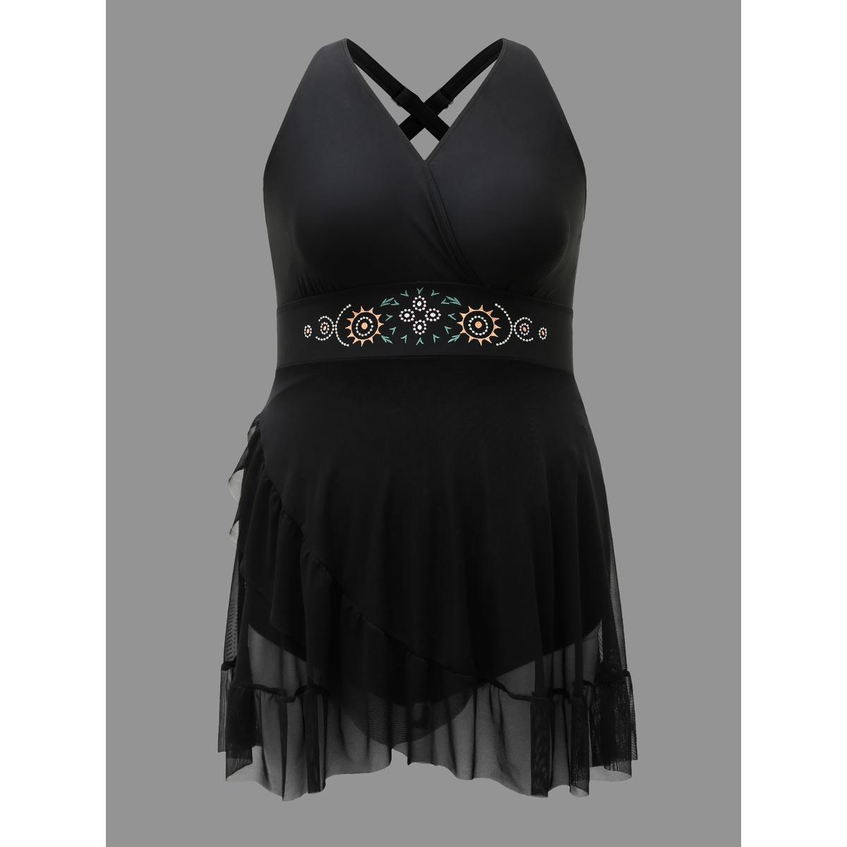 Plus Size Embroidered Ruffle Hem One-Piece Swimsuit Women's Swimwear Black Beach Bodycon Overlap Collar High stretch Curve Swim Dresses BloomChic 14-16/1X Product Image