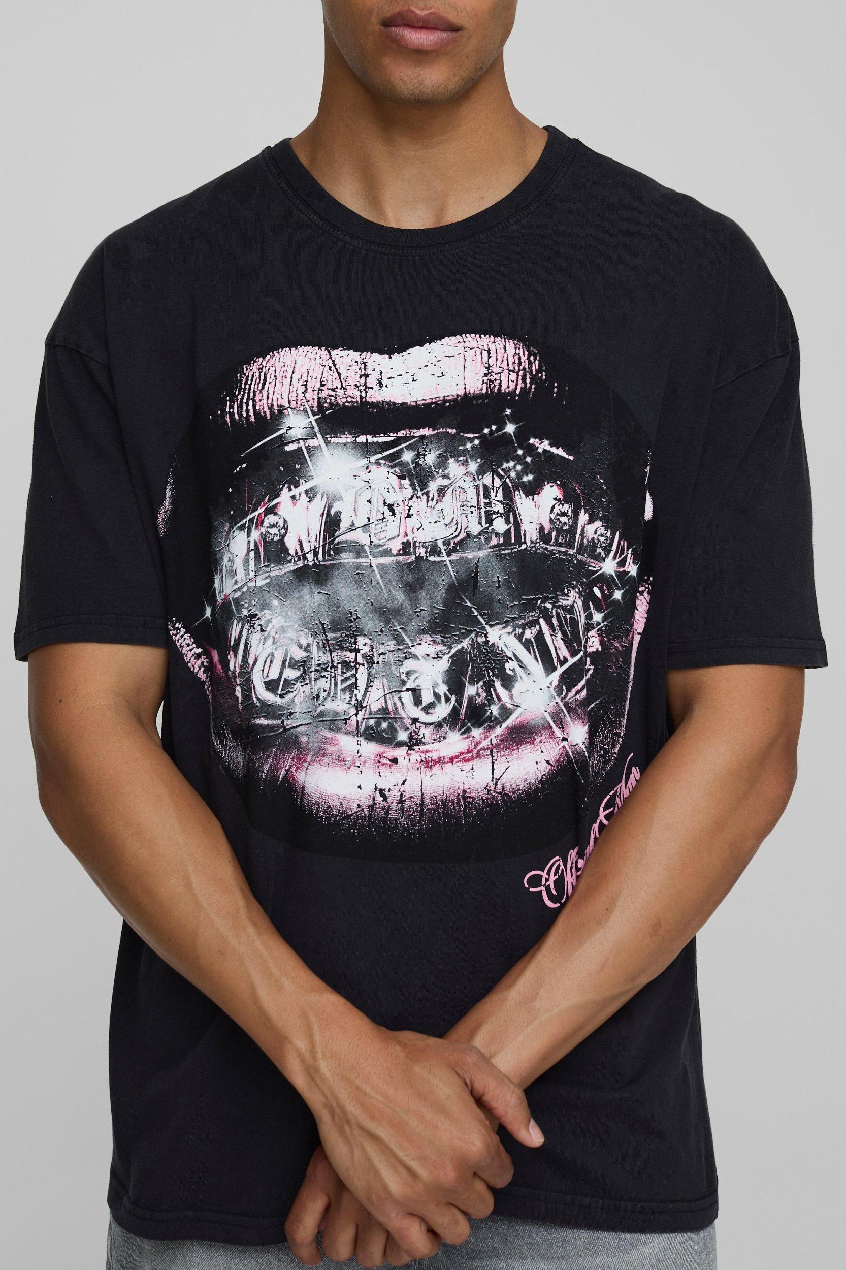 Black Oversized Washed Metallic Official Man Lip Graphic T-Shirt | boohooMAN USA Product Image