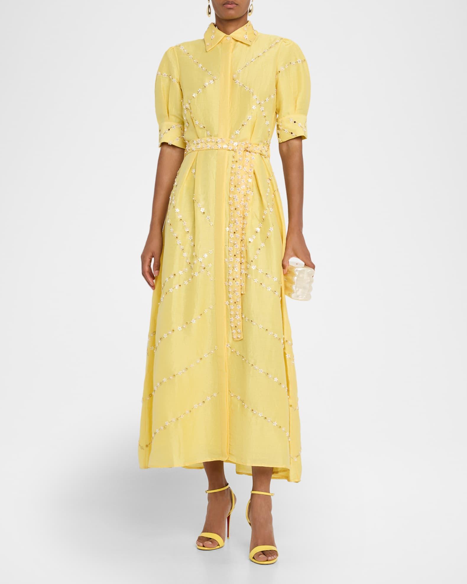 Embellished Organza Short-Sleeve Belted Midi Shirtdress Product Image