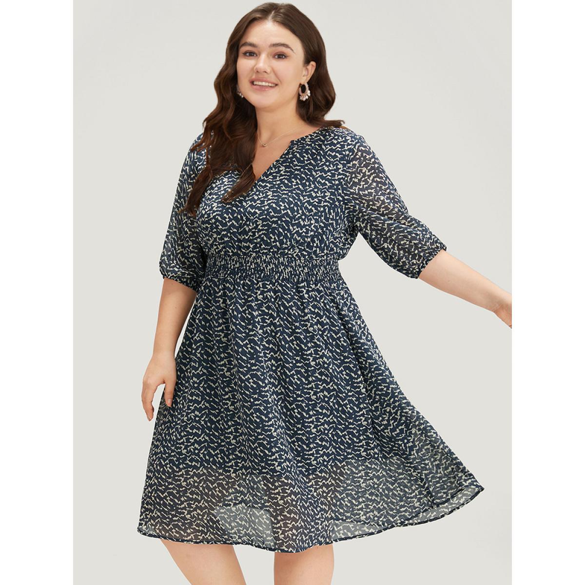 Plus Size Bird Print Notched Shirred Lantern Sleeve Dress Blue Women Office Elastic cuffs Notched collar Half Sleeve Curvy Midi Dress BloomChic 30/6X Product Image