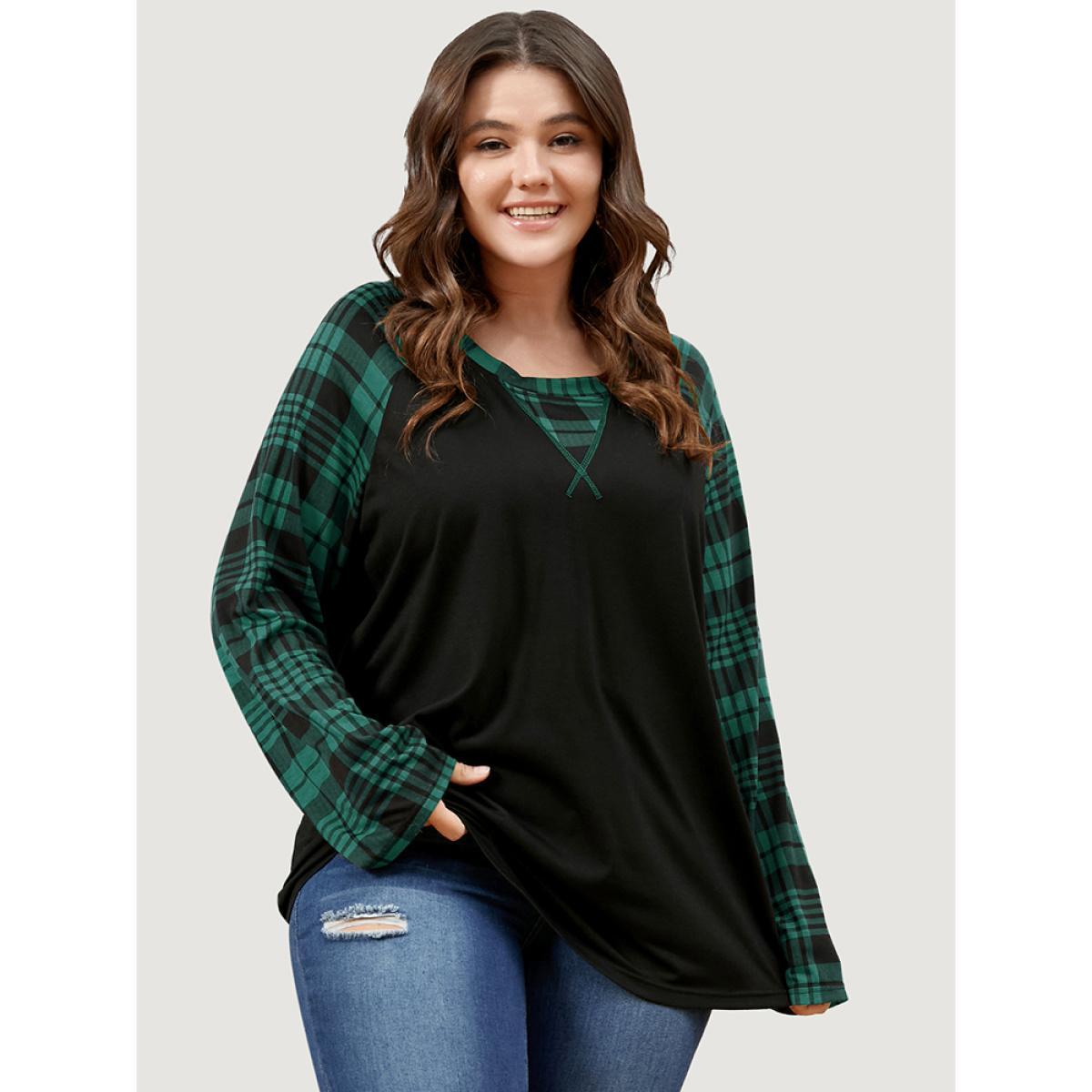 Plus Size Plaid Patchwork Bell Sleeve Long Tee DarkGreen Women Casual Contrast Plaid Round Neck Dailywear T-shirts BloomChic 22-24/3X Product Image