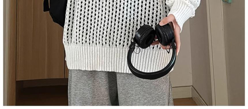 Crew Neck Plain Pointelle Knit Sweater Product Image