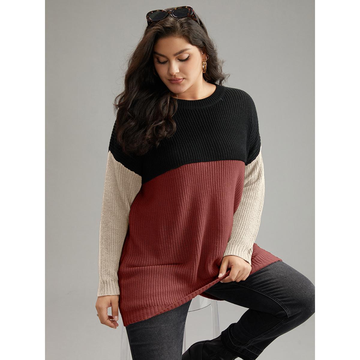 Plus Size Colorblock Contrast Crew Neck Pullover Rust Women Casual Loose Long Sleeve Round Neck Dailywear Pullovers BloomChic 14-16/1X Product Image