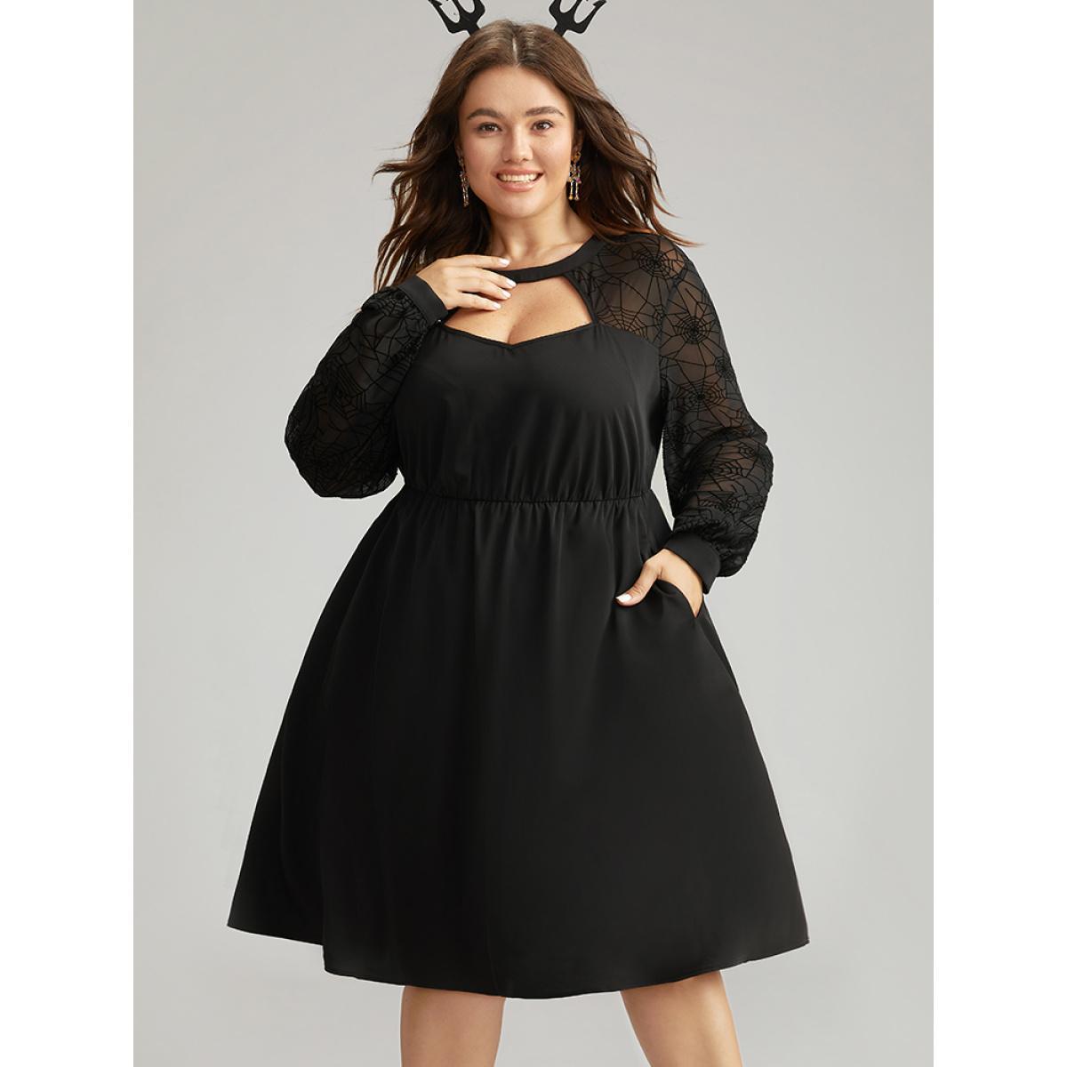 Plus Size Anti-Wrinkle Halloween Keyhole Mesh Pocket Dress Black Women Elegant See through Round Neck Long Sleeve Curvy Knee Dress BloomChic 18-20/2X Product Image