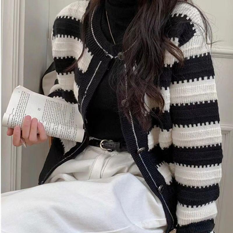 Crew Neck Striped Button-Up Cardigan Product Image