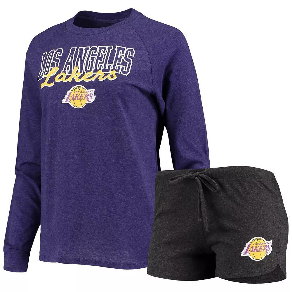 Women's Concepts Sport Heathered Black/Heathered Purple Los Angeles Lakers Raglan Long Sleeve T-Shirt & Shorts Sleep Set, Size: Large, Charco Product Image