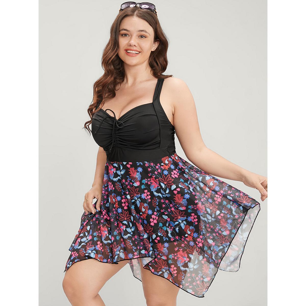 Mesh Adjustable Straps Plus Size Women Tropical Swim Dress Very Stretchy Bodycon Sleeveless V Neck Vacation Swim Dresses BloomChic Product Image
