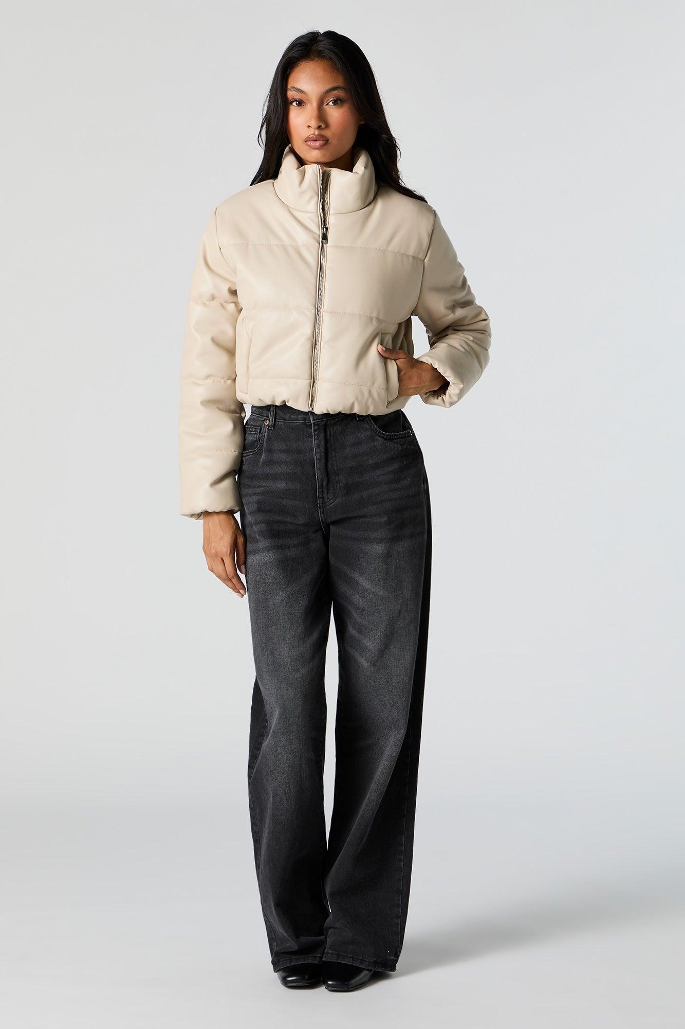 Faux Leather Cropped Puffer Jacket Female Product Image