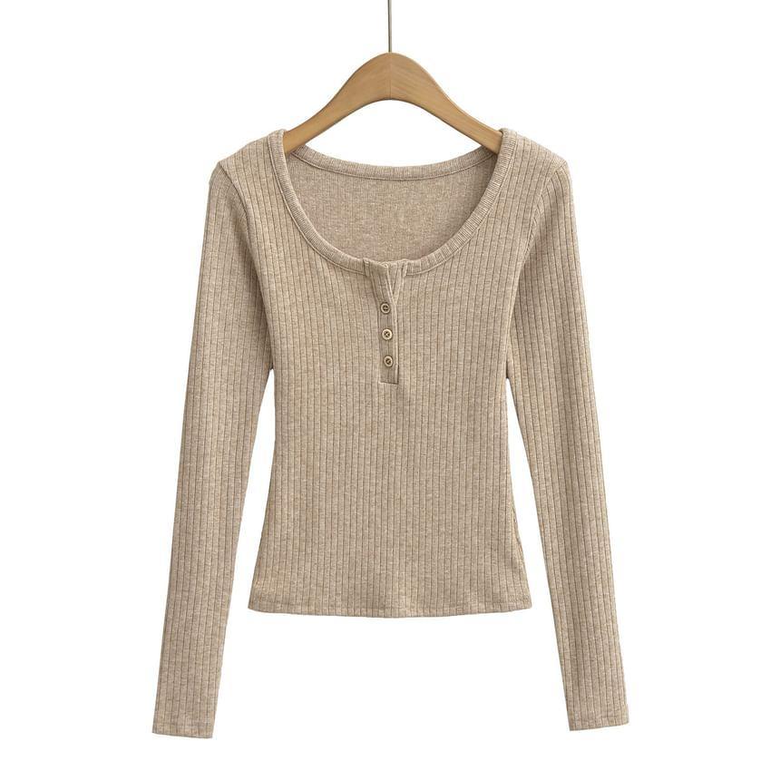 Long Sleeve Scoop Neck Plain Button Ribbed Top Product Image