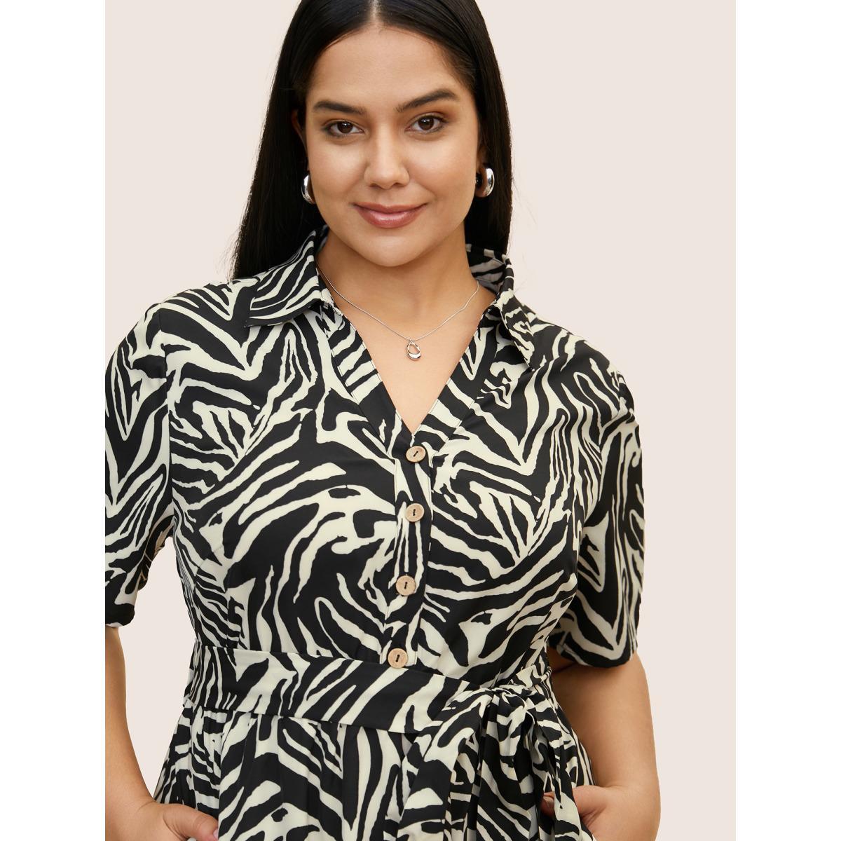 Plus Size Zebra Print Shirt Collar Belted Dress Black Women At the Office Belted Shirt collar Half Sleeve Curvy BloomChic 12/L Product Image