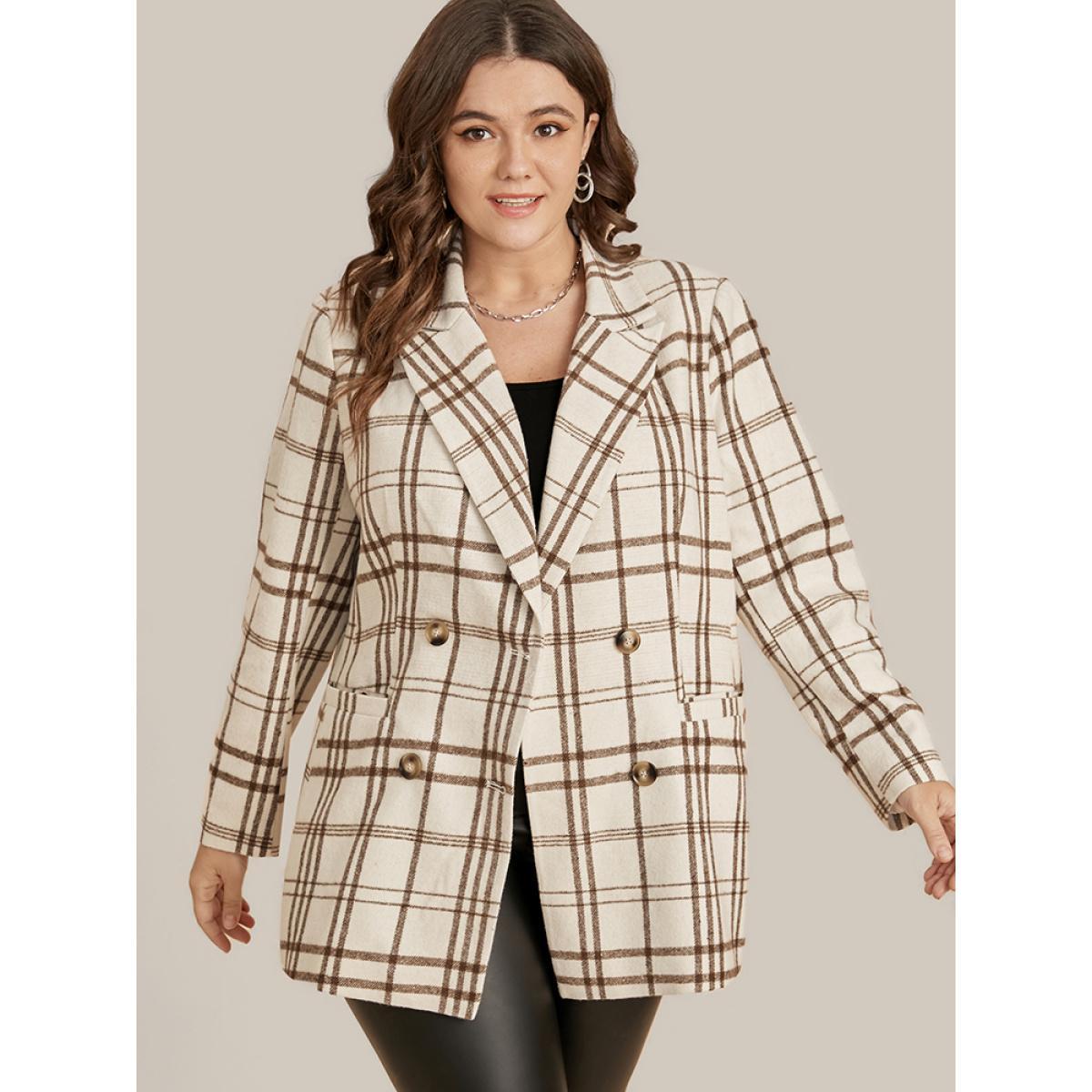 Plus Size Plaid Suit Collar Button Down Pocket Blazer Champagne Women Dailywear Plaid Button Sleeve Long Sleeve Lapel Collar 18-20/2X Pocket Casual Blazers BloomChic Product Image