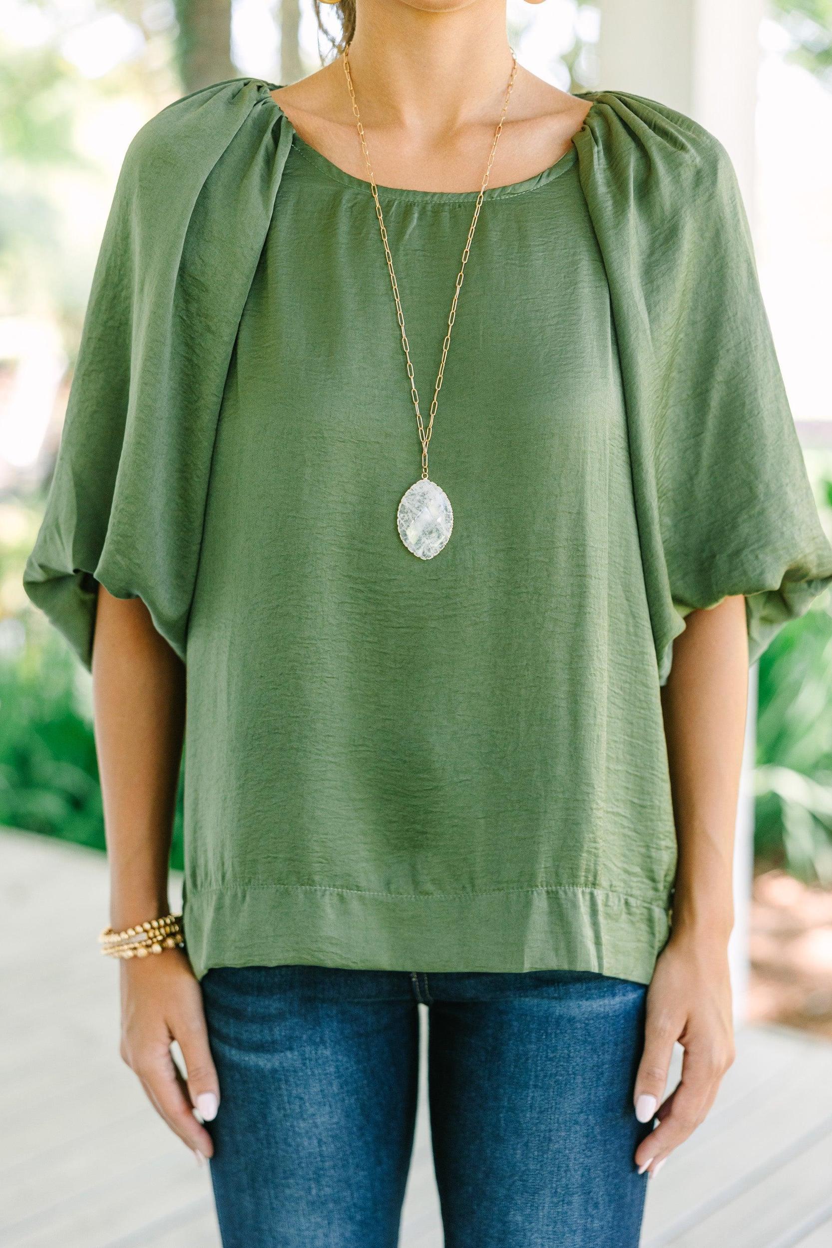Point It Out Olive Green Satin Blouse Female Product Image