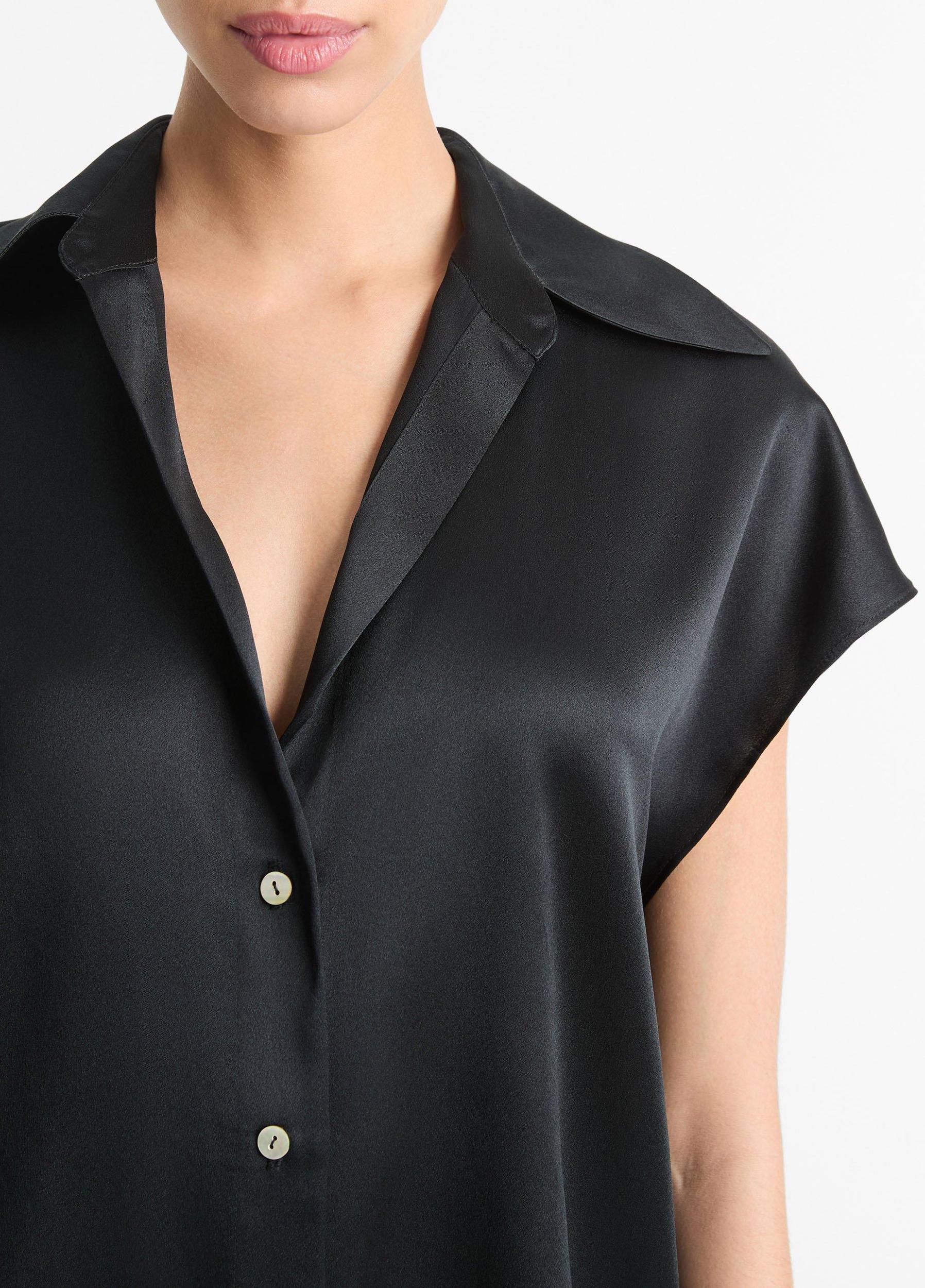 Womens Silk Cap-Sleeve Ruched-Back Blouse, Black, Size L Vince Product Image