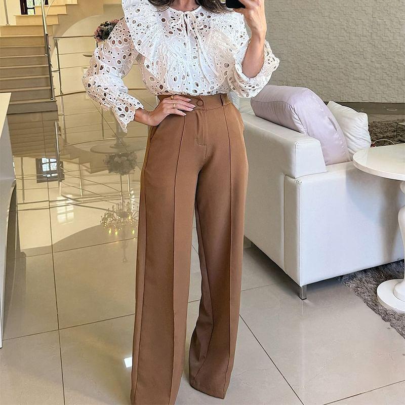 High Waist Plain Wide Leg Slacks Product Image