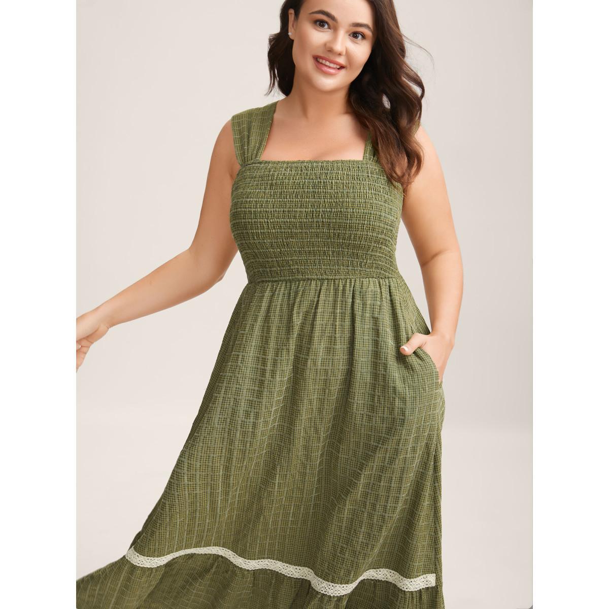 Plus Size Plaid Shirred Lace Trim Tiered Maxi Dress Moss Women Square Neck Cap Sleeve Curvy BloomChic 14-16/1X Product Image