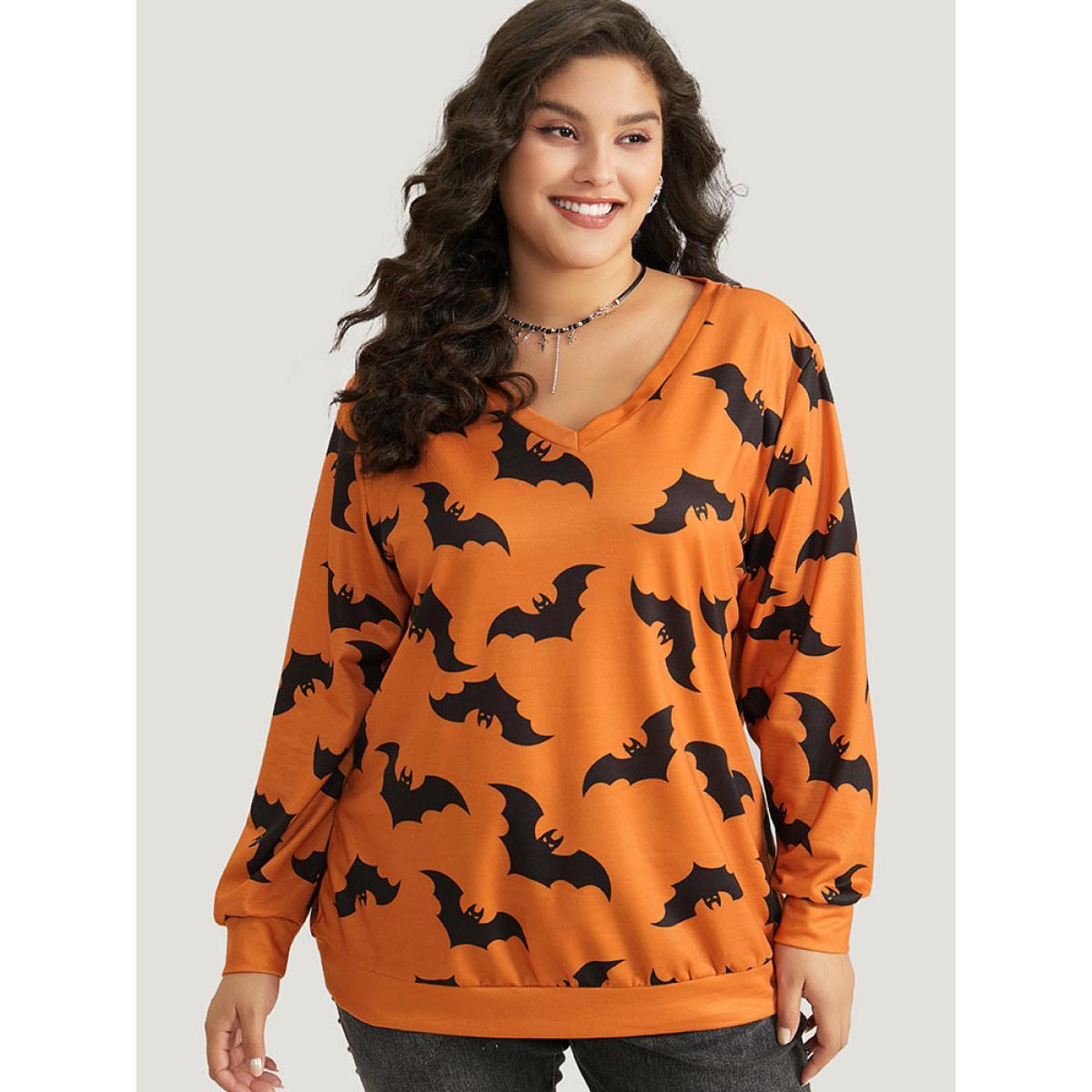 Plus Size Halloween Bat Print V Neck Sweatshirt Women OrangeRed Casual Elastic cuffs V-neck Festival-Halloween Sweatshirts BloomChic 22-24/3X Product Image