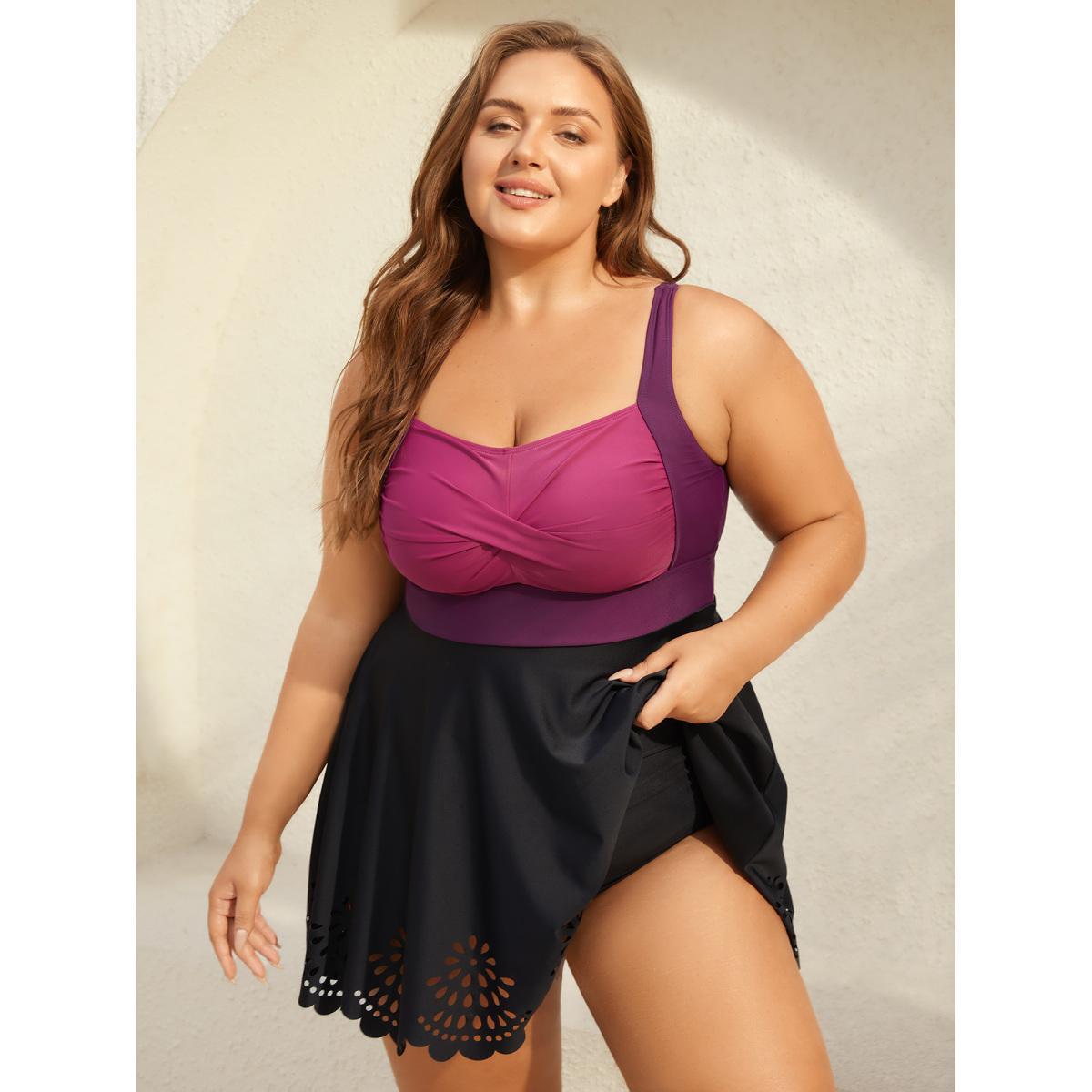 Plus Size Twist Front Laser Cut Swim Dress Women's Swimwear Deeppurplered Beach Bodycon Square Neck High stretch Curve Swim Dresses BloomChic 22-24/3X Product Image