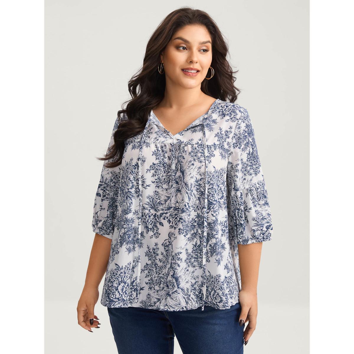 Plus Size DarkBlue Artistic Print A-Line Blouse Women Elbow-length sleeve V-neck Everyday-Elegant Blouses BloomChic 18-20/2X Product Image