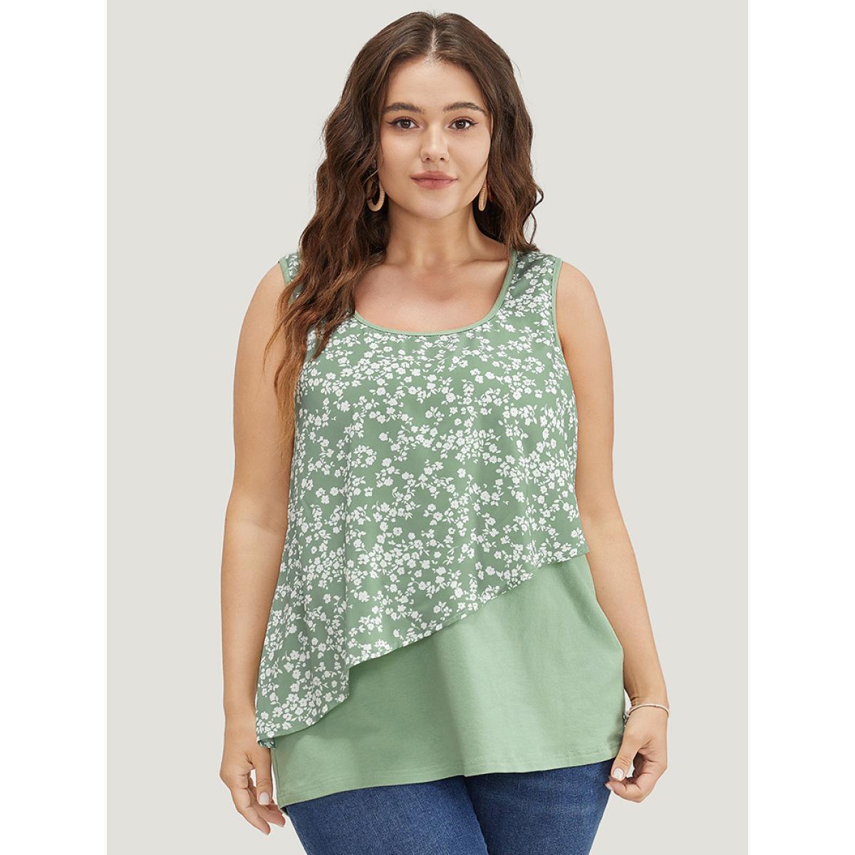 Plus Size Ditsy Floral Patchwork Tank Top Women Sage Elegant Patchwork Round Neck Dailywear Tank Tops Camis BloomChic 26/4X Product Image