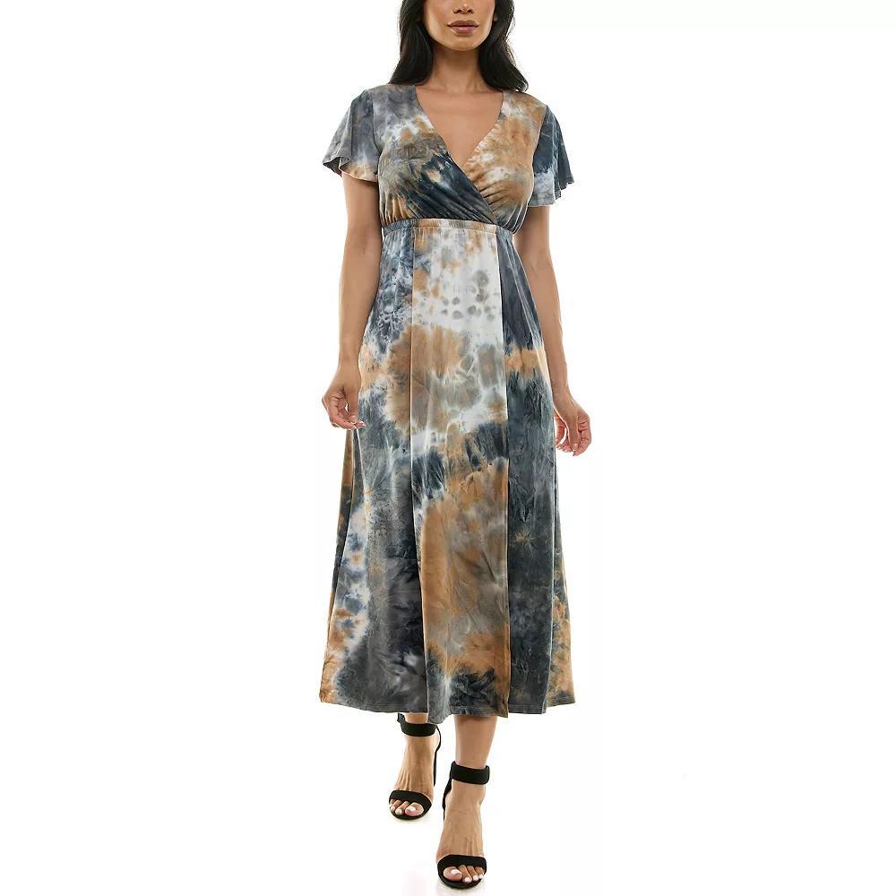 Women's Nina Leonard Tie Dye Print Flutter Sleeve V-Neck Maxi Dress, Size: Small, Grey Team Product Image
