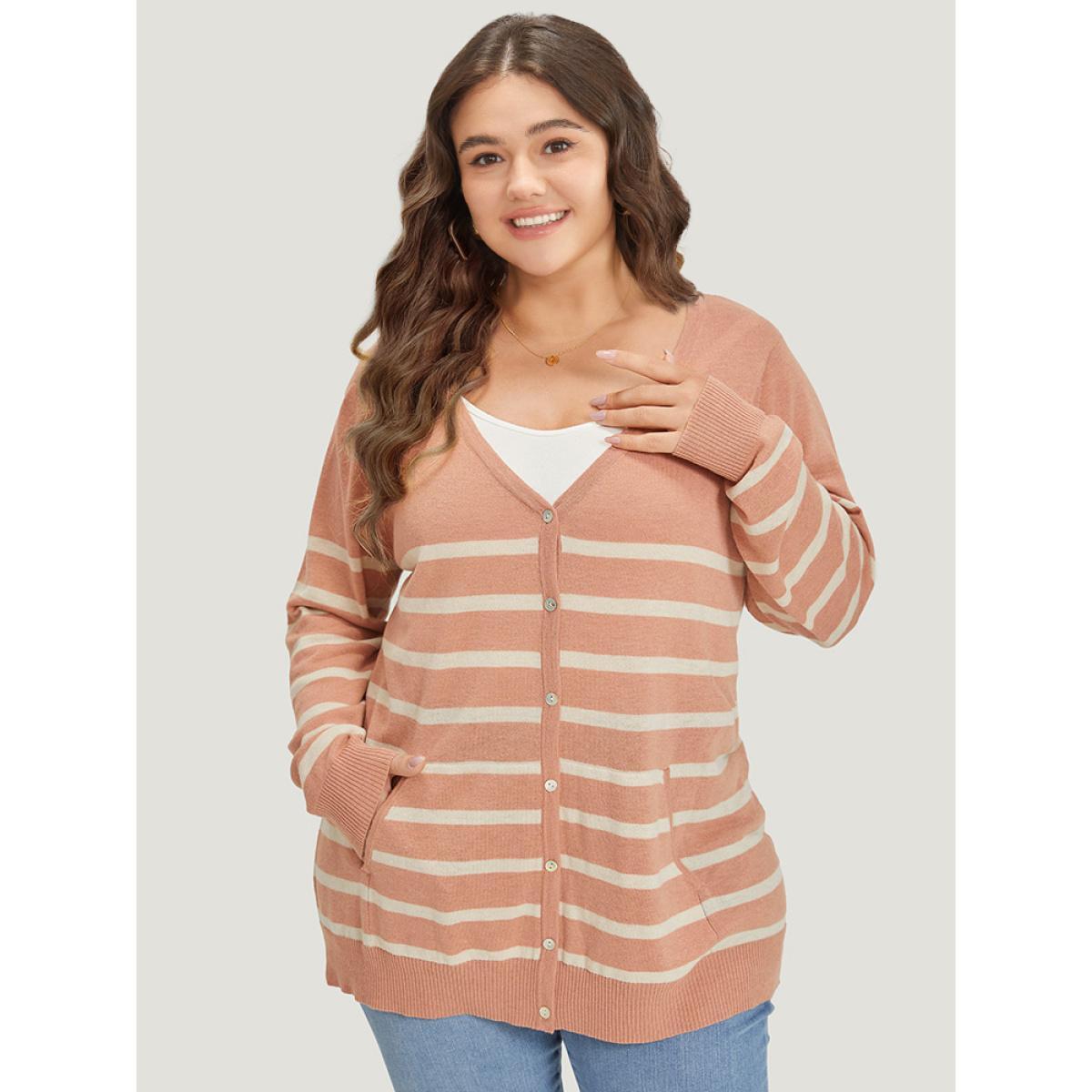 Plus Size Supersoft Essentials Striped Pocket Button Through Cardigan Crepe Women Casual Loose Long Sleeve Dailywear Cardigans BloomChic 10/M Product Image