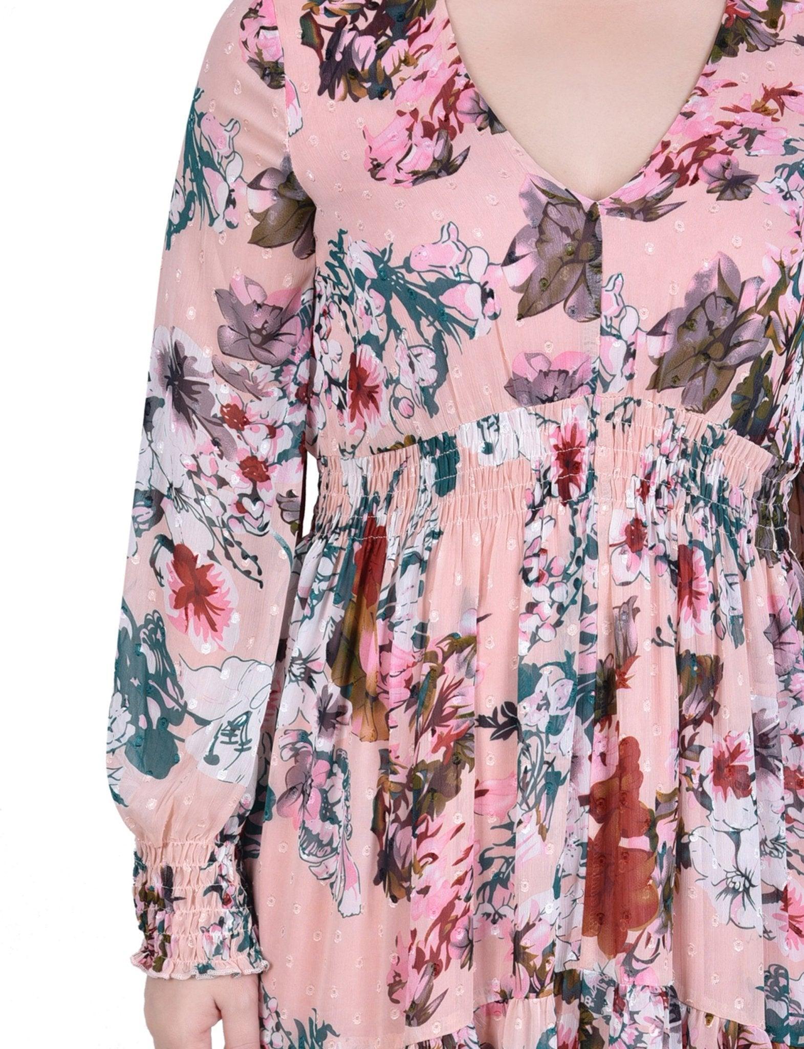 Blush Water Color Floral Long Sleeve Clip Dot Chiffon Dress With Smocked Waist and Cuffs Product Image
