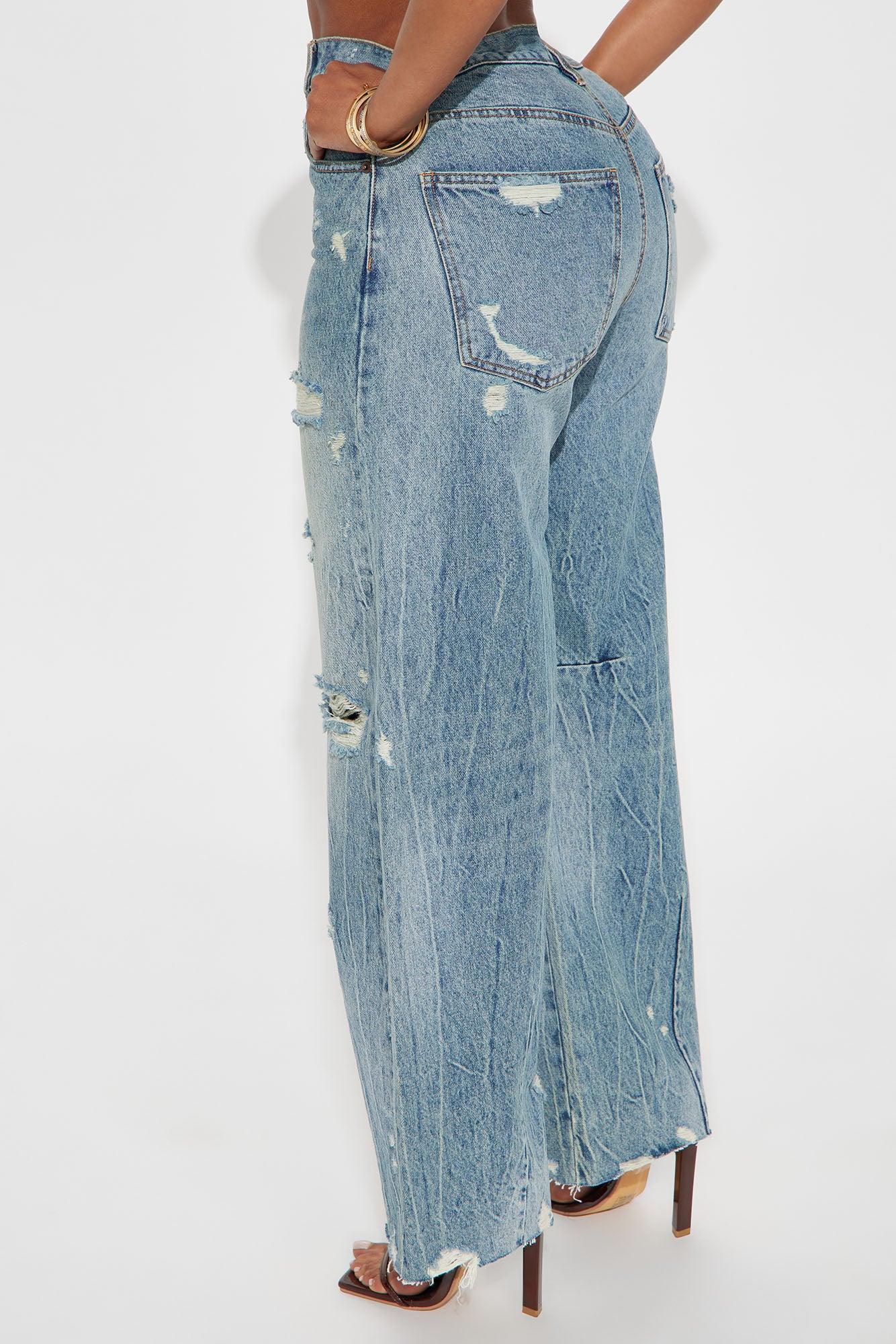 Bexy Destructed Barrel Wide Leg Jeans - Medium Wash Product Image