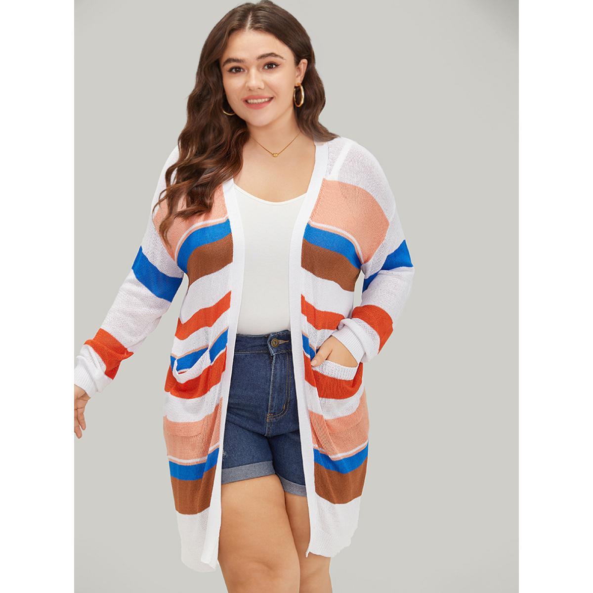 Plus Size Colorblock Contrast Pocket Tunic Open Front Cardigan Multicolor Women Casual Loose Long Sleeve Dailywear Cardigans BloomChic 26/4X Product Image