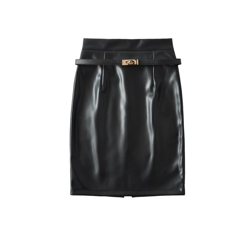 High Waist Faux Leather Pencil Skirt Product Image