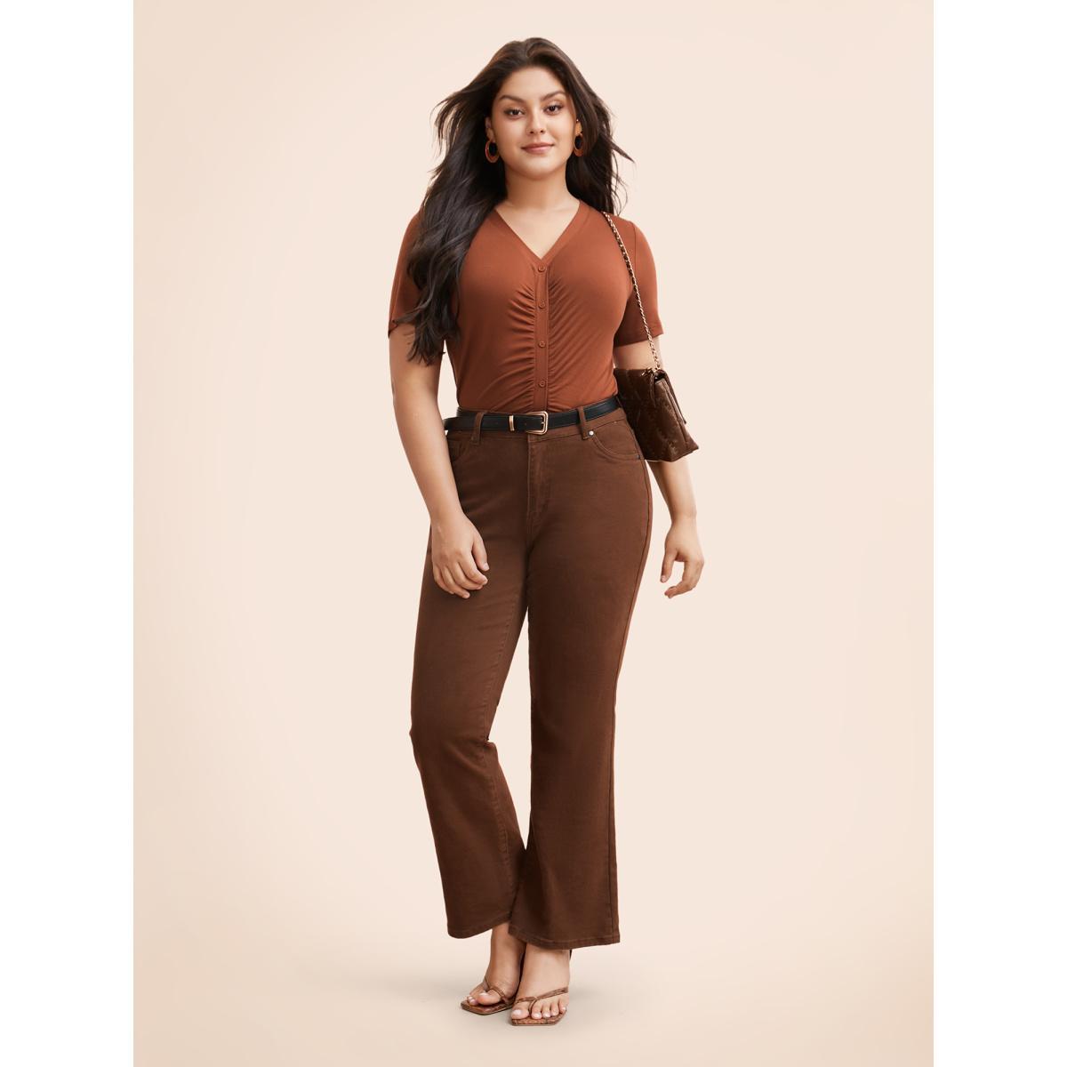 Plus Size V Neck Button Detail Ruched T-shirt Maroon Women Elegant Gathered V-neck Bodycon Everyday T-shirts BloomChic 12/L Product Image