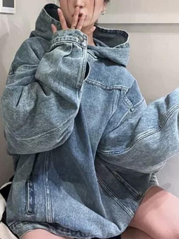Faux Denim Hooded Loose Sweatshirt Product Image