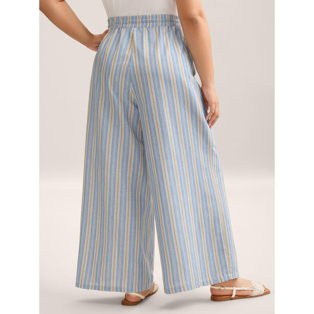 Plus Size Stripes Pockets Wide-Leg Pants Women LightBlue Resort Wide Leg Mid Rise Vacation Pants BloomChic 18-20/2X Product Image