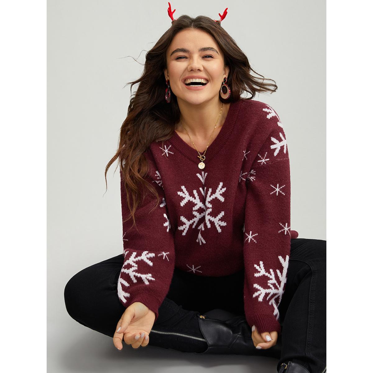 Plus Size Anti-Pilling Snowflake Print Pullover Scarlet Women Casual Loose Long Sleeve V-neck Dailywear Pullovers BloomChic 28/5X Product Image