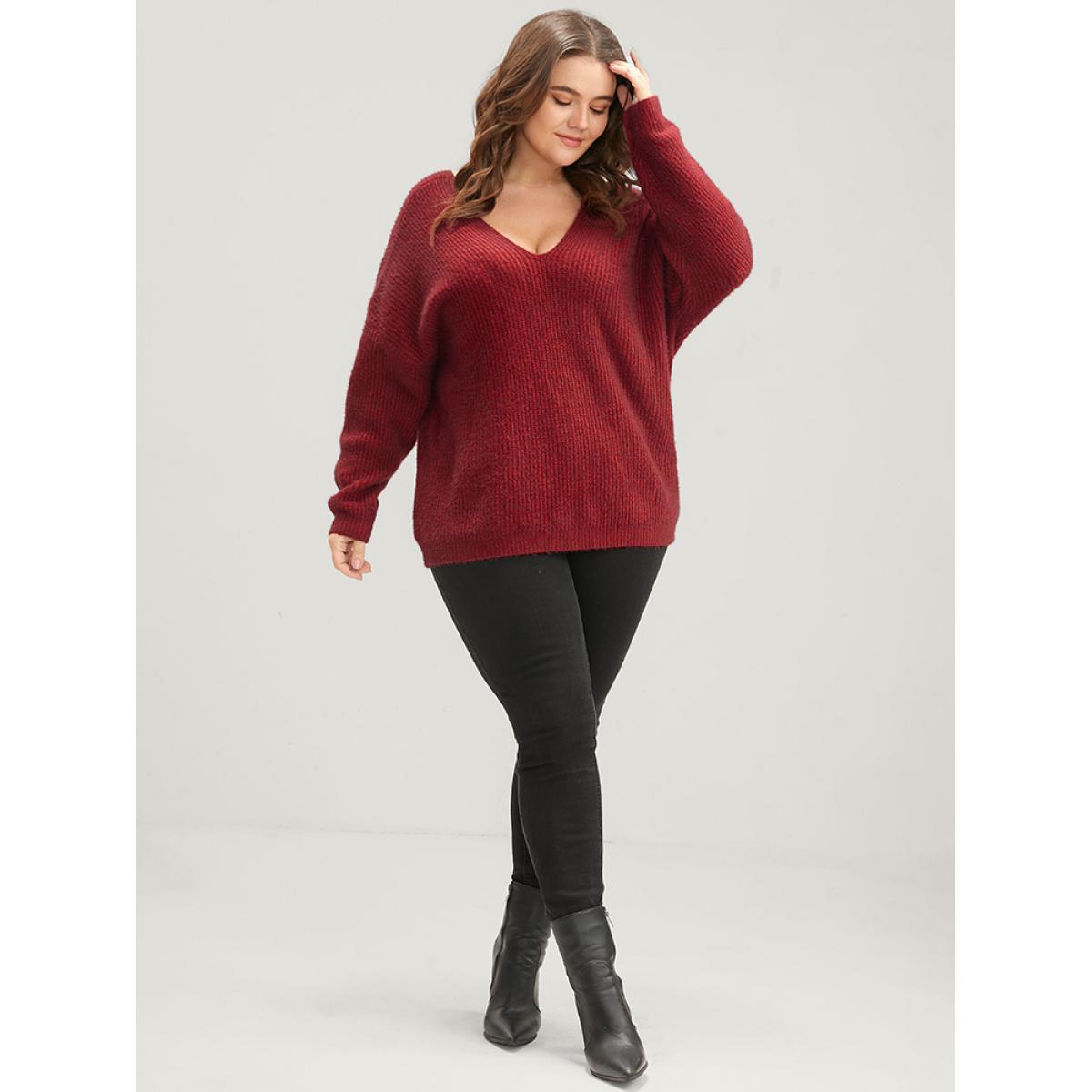 Plus Size Solid Soft Pointelle Knit Cut Out Fluffy Knit Top Burgundy Women Casual Loose Long Sleeve V-neck Dailywear Pullovers BloomChic 26/4X Product Image