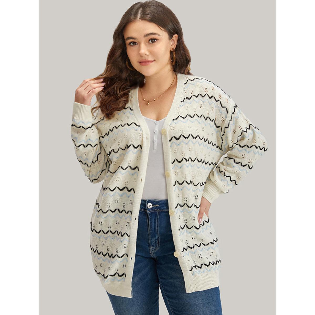 Plus Size UltraCool Wave Striped Eyelet Button Through Cardigan Beige Women Casual Loose Long Sleeve Everyday Cardigans BloomChic 14-16/1X Product Image
