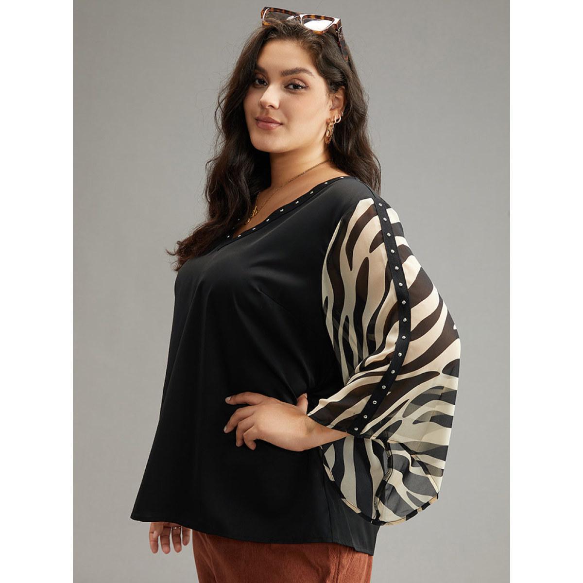 Plus Size Black Zebra Print Chiffon Patchwork Pearl Beaded Blouse Women Elegant Elbow-length sleeve V-neck Dailywear Blouses BloomChic 14-16/1X Product Image