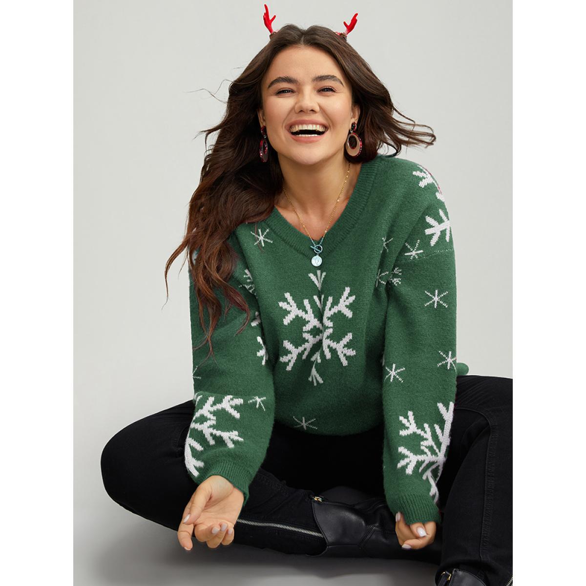 Plus Size Anti-Pilling Snowflake Print Pullover Green Women Casual Loose Long Sleeve V-neck Dailywear Pullovers BloomChic 10/M Product Image