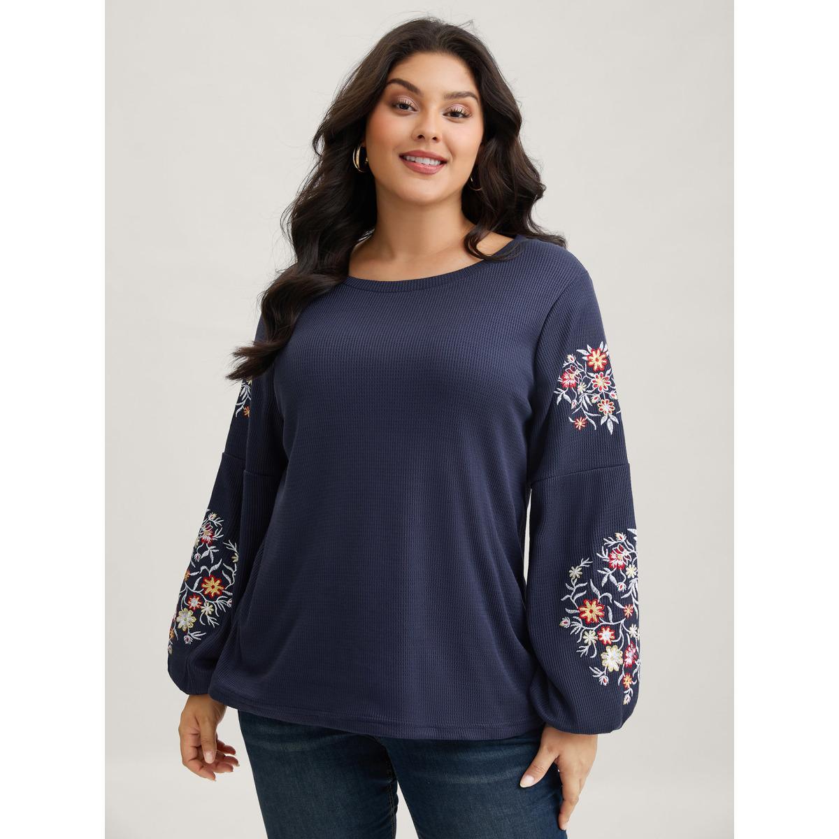 Plus Size Waffle Knit Floral Embroidered Lantern Sleeve T-shirt Indigo Women Elegant Texture Floral Round Neck Everyday T-shirts BloomChic 28/5X Product Image