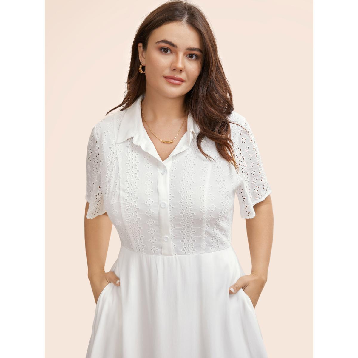 Plus Size Shirt Collar Broderie Anglaise Midi Dress Originalwhite Women Resort Broderie anglaise Shirt collar Short sleeve Curvy BloomChic 28/5X Product Image