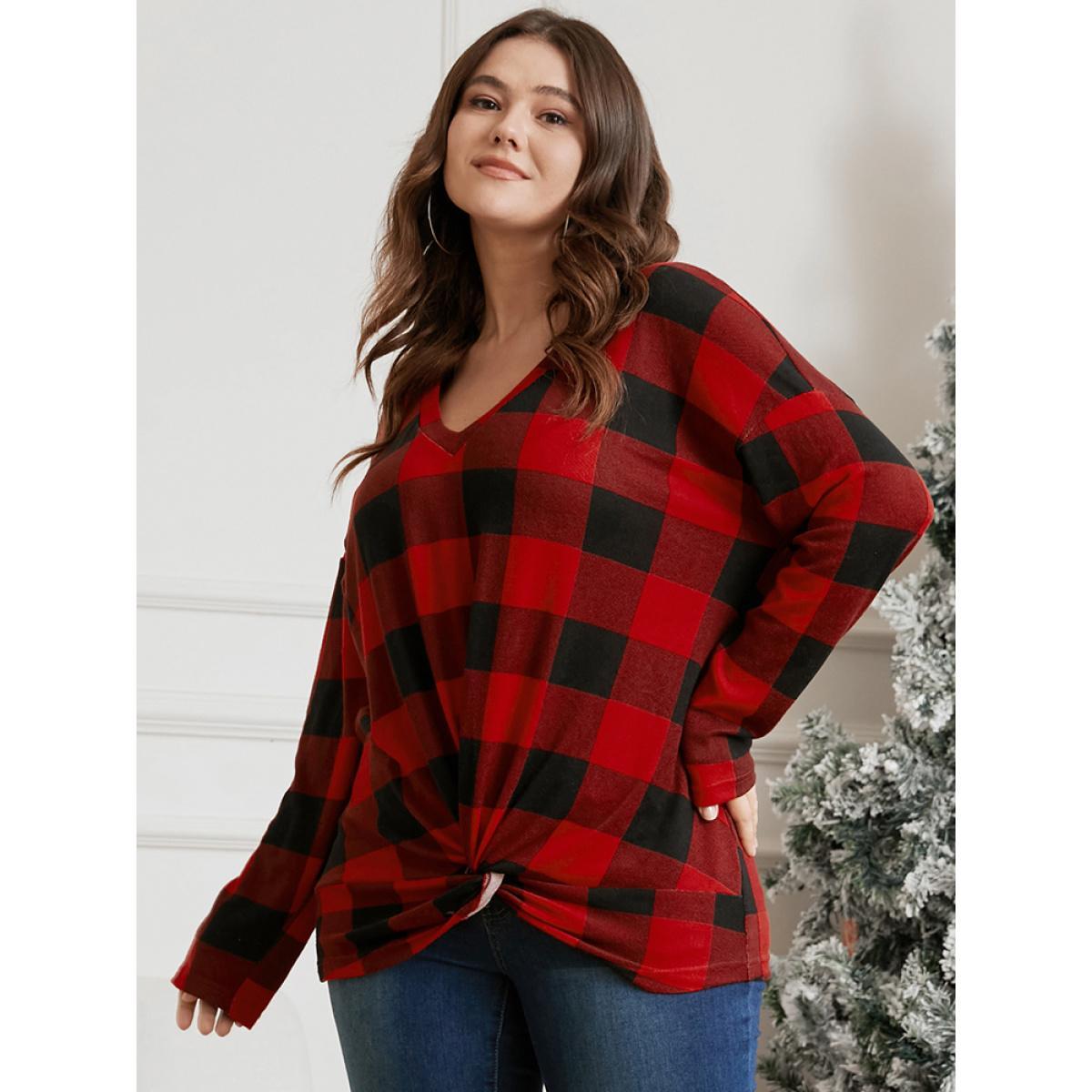 Plus Size Plaid Twist Front Long Tee Raspberry Women Elegant Twist-front Plaid V-neck Dailywear T-shirts BloomChic 28/5X Product Image