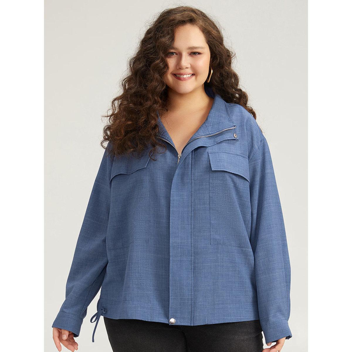 Plus Size Plain Flap Pocket Zipper Lapel Collar Coat Women Stone Casual Plain Ladies Dailywear Winter Coats BloomChic 14-16/1X Product Image
