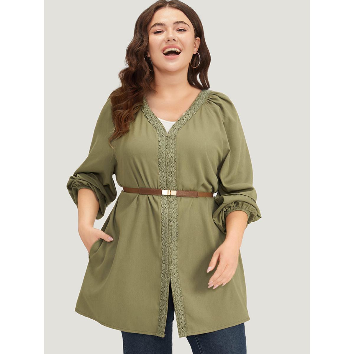 Plus Size Plain Contrast Lace Lantern Sleeve Button Fly Coat Women Sage Casual Elastic cuffs Ladies Dailywear Winter Coats BloomChic 26/4X Product Image