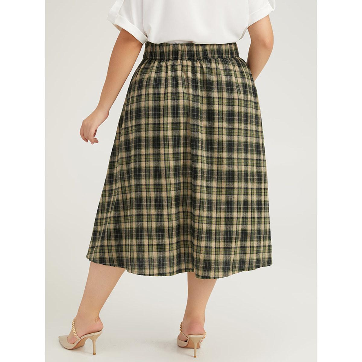 Plus Size Plaid Patched Pocket Button Up Skirt Women Multicolor Office Elastic Waist No stretch Pocket Work Skirts BloomChic 10/M Product Image