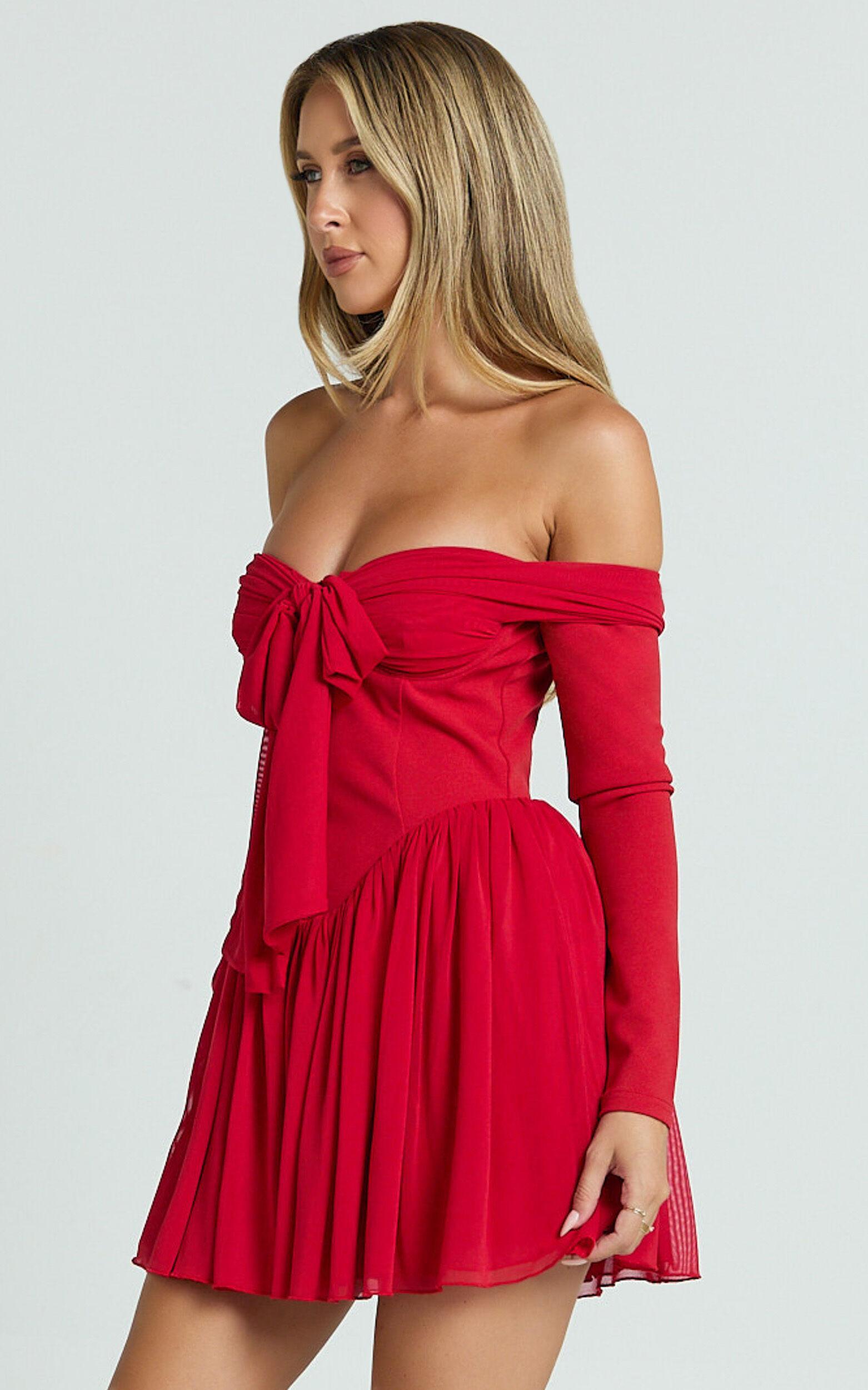 Bennett Mini Dress - Off Shoulder Long Sleeve V Waist Dress in Red Product Image