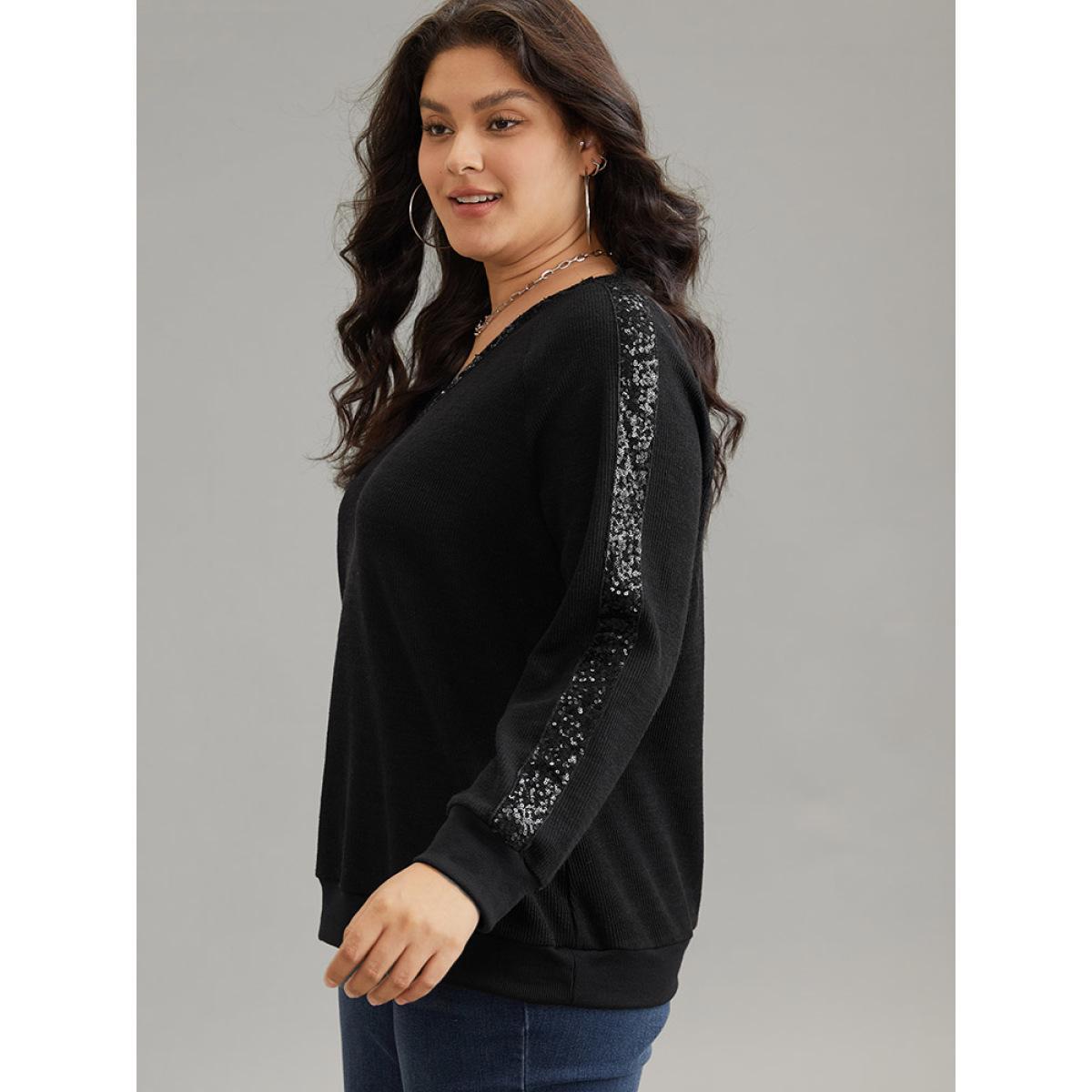 Plus Size Sequin Patchwork Raglan Sleeve Plisse Sweatshirt Women Black Casual Rib Knit V-neck Dailywear Sweatshirts BloomChic 30/6X Product Image