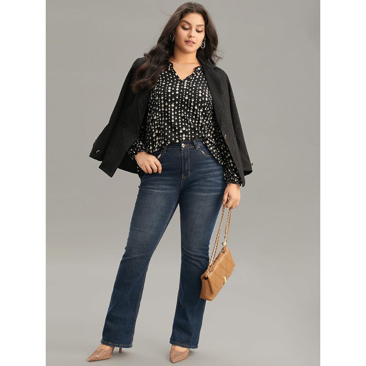 Plus Size Black Chain Print Notched Lantern Sleeve Blouse Women Office Long Sleeve Notched collar Vacation Blouses BloomChic 12/L Product Image