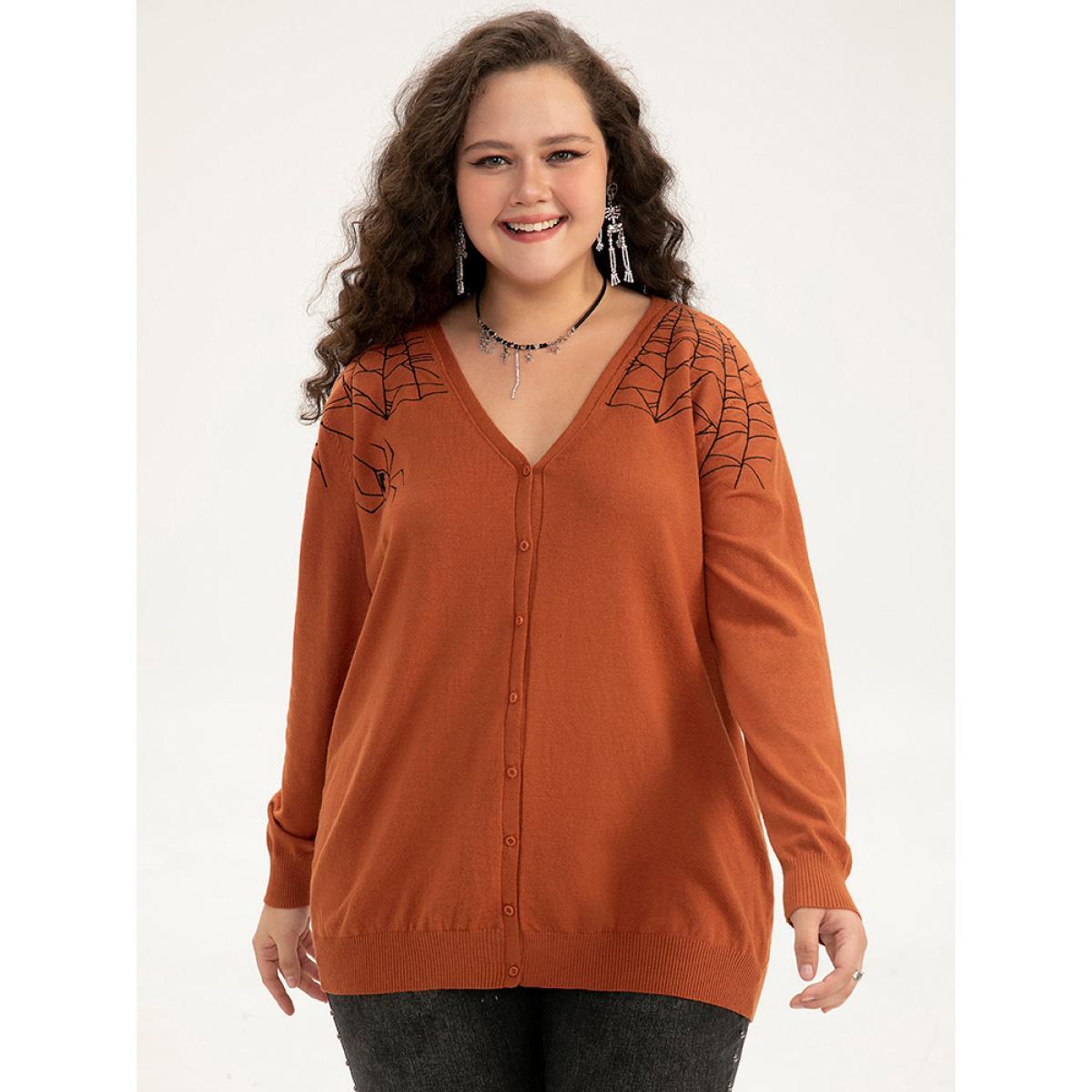 Plus Size Supersoft Essentials Halloween Spider Web Button Through Cardigan Rust Women Casual Loose Long Sleeve Dailywear Cardigans BloomChic 12/L Product Image