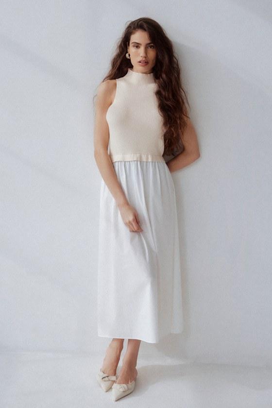Confident Cues Ivory Two-Tone Mixed Media Midi Dress Product Image